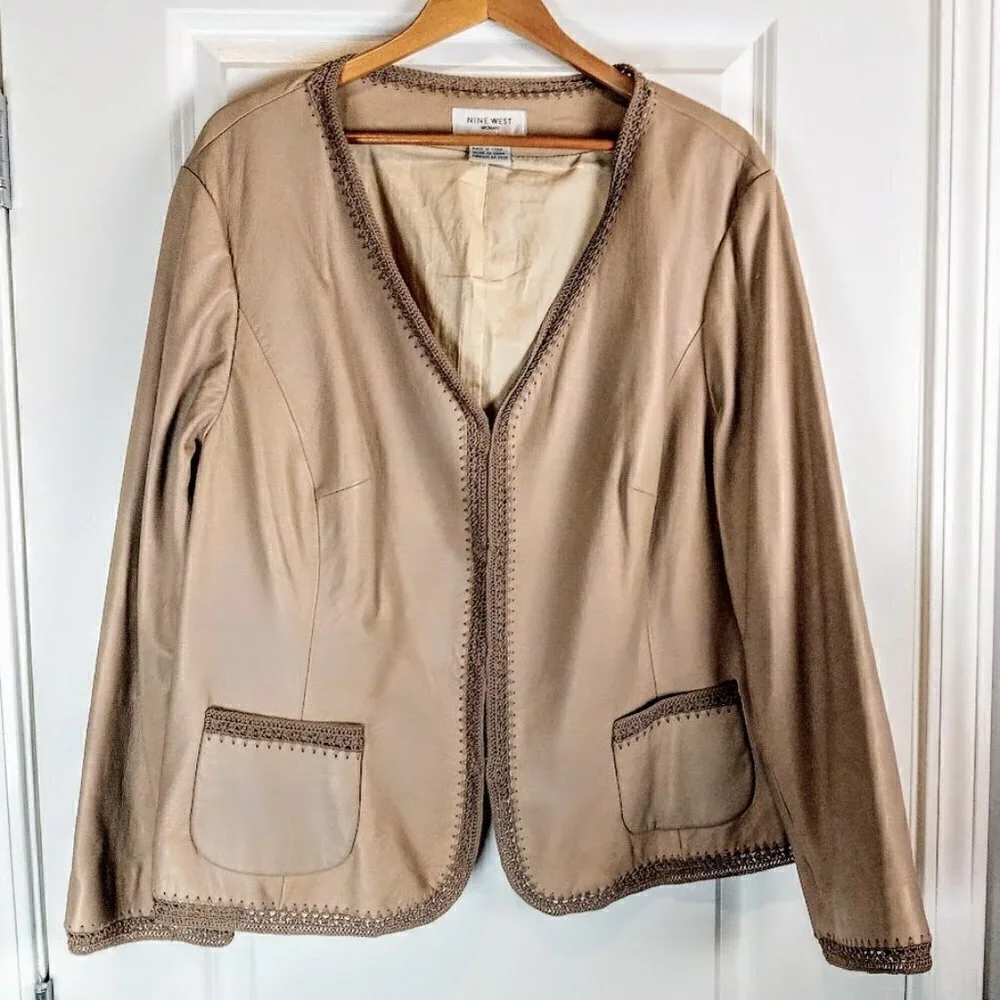 Nine West Woman Tan Crochet Trim Leather Jacket